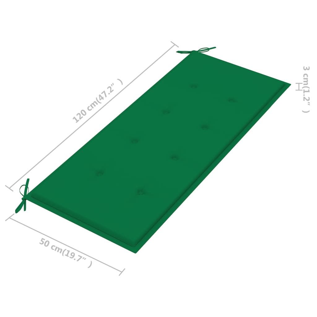 vidaXL Batavia-penkki vihreällä tyynyllä 120 cm täysi tiikki