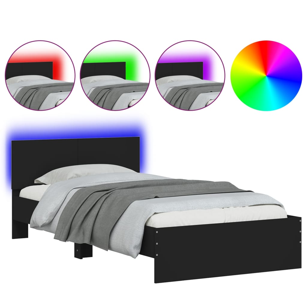 vidaXL Sängynrunko päädyllä ja LED-valoilla musta 100x200 cm