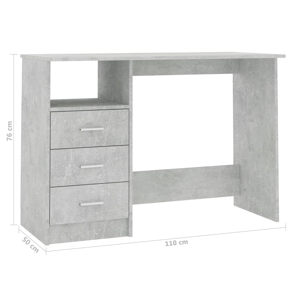 vidaXL Työpöytä laatikoilla betoninharmaa 110x50x76 cm lastulevy