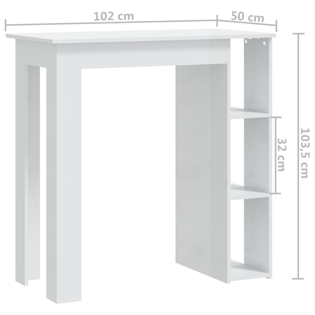 vidaXL Baaripöytä hyllyllä korkeakiilto valk. 102x50x103,5cm lastulevy
