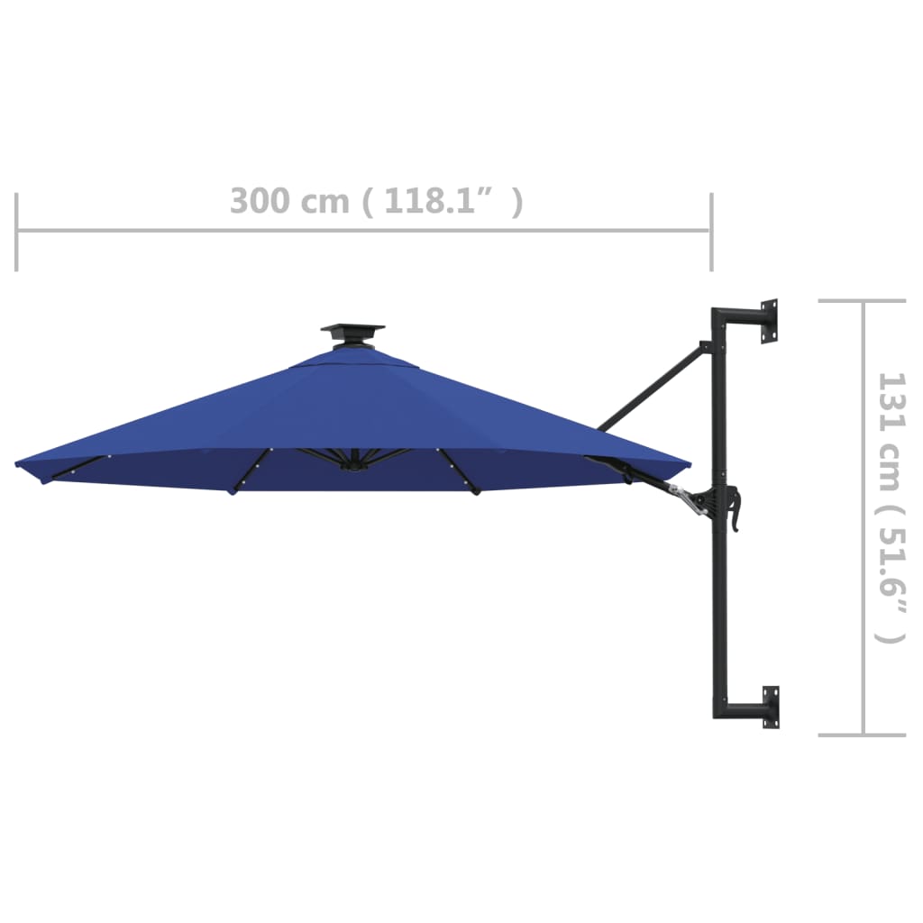 vidaXL Seinäkiinnitteinen aurinkovarjo LED ja tolppa 300 cm sininen