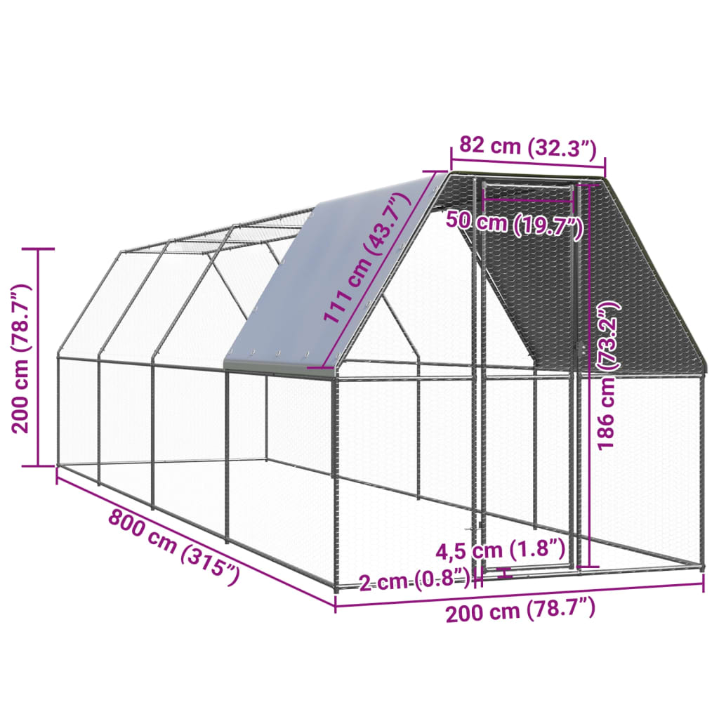 vidaXL Ulkotilan kanahäkki 2x8x2 m galvanoitu teräs