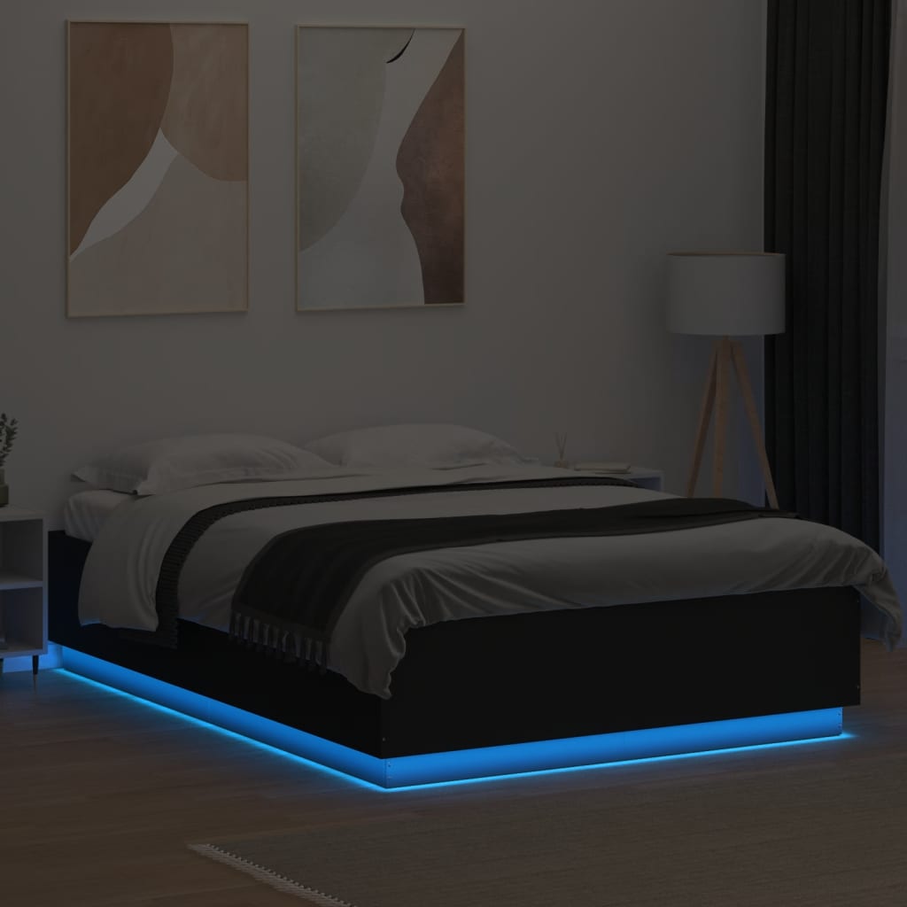 vidaXL Sängynrunko LED-valoilla musta 150x200 cm tekninen puu