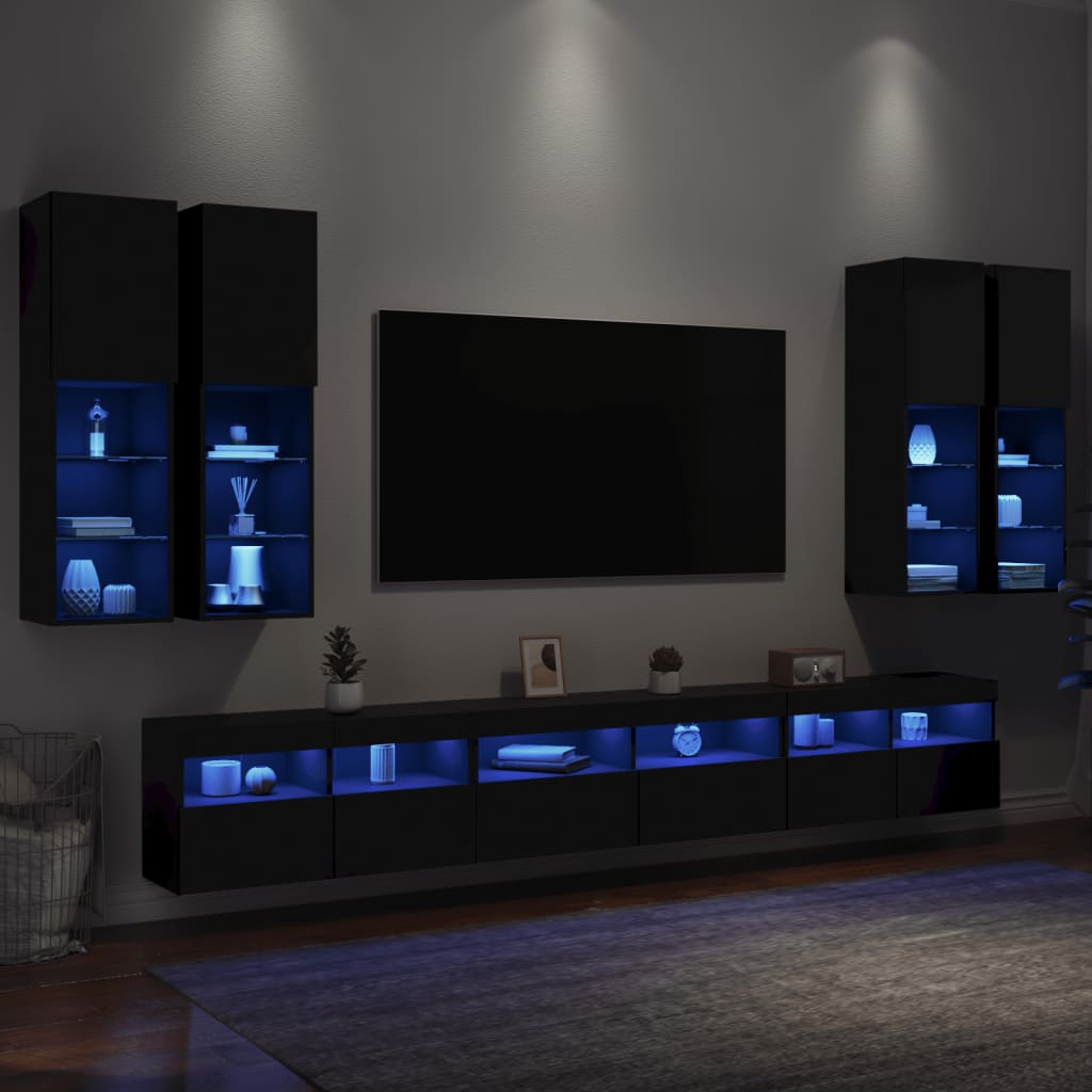 vidaXL 7-osainen TV-seinäkaappisarja LED-valoilla musta