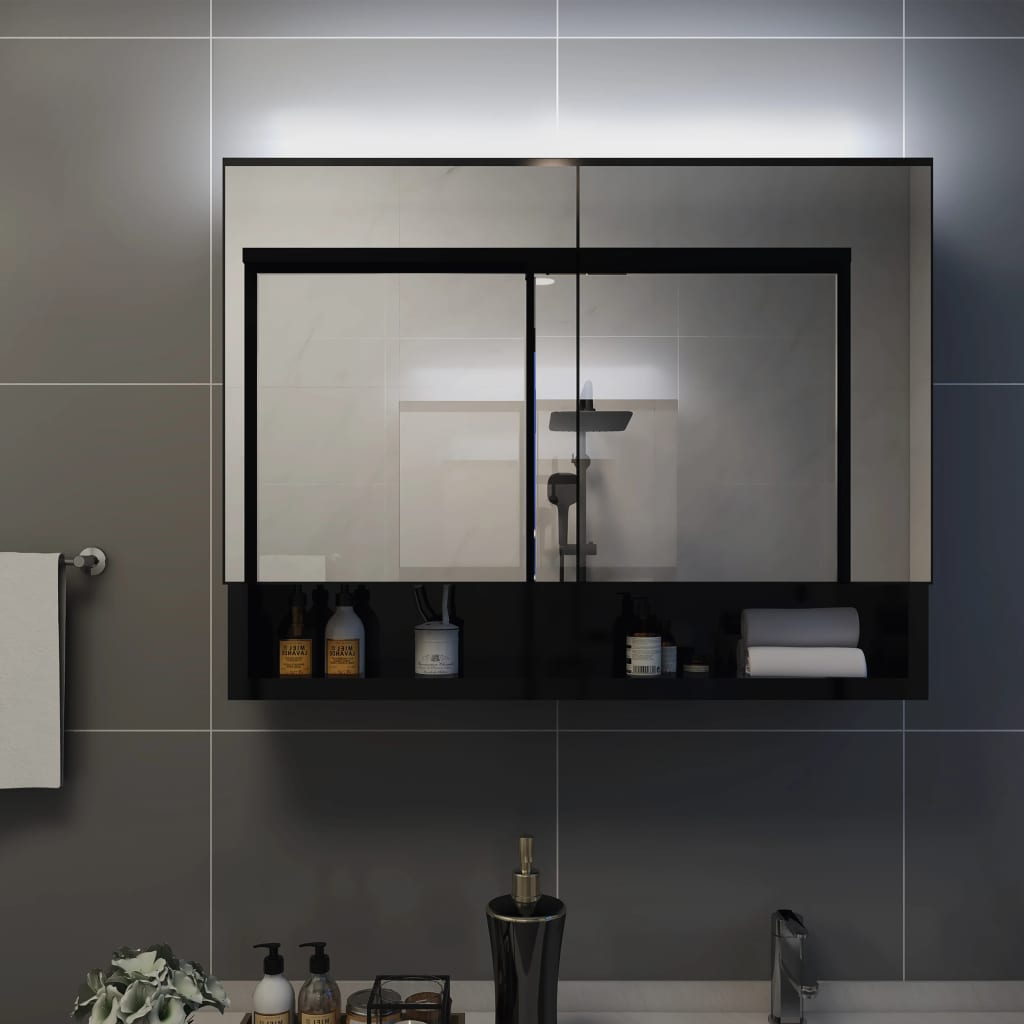 vidaXL LED kylpyhuoneen peilikaappi musta 80x15x60 cm MDF