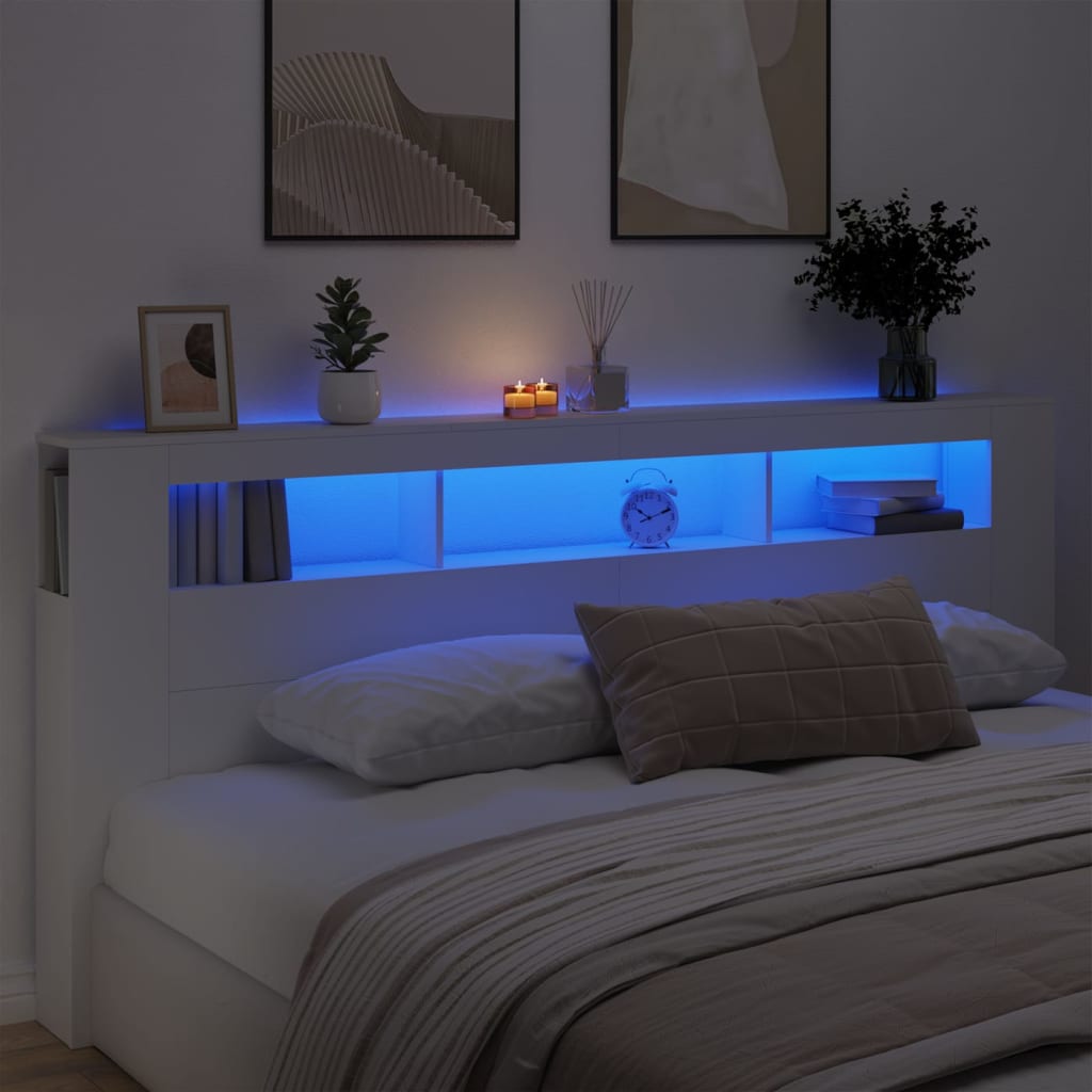 vidaXL Sängynpääty LED-valoilla valk. 220x18,5x103,5 cm tekninen puu
