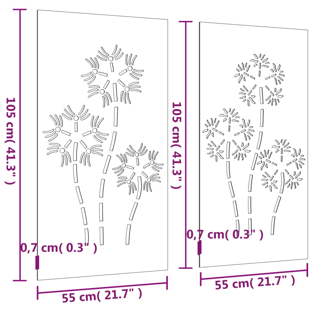 vidaXL Puutarhaseinäkoristeet 2 kpl 105x55 cm corten teräs kukkakuvio