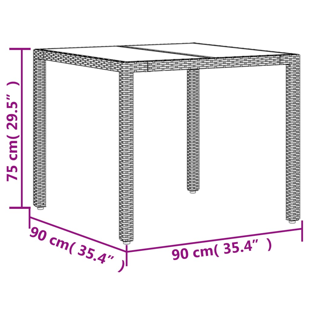 vidaXL Puutarhapöytä lasilevyllä ruskea 90x90x75 cm polyrottinki