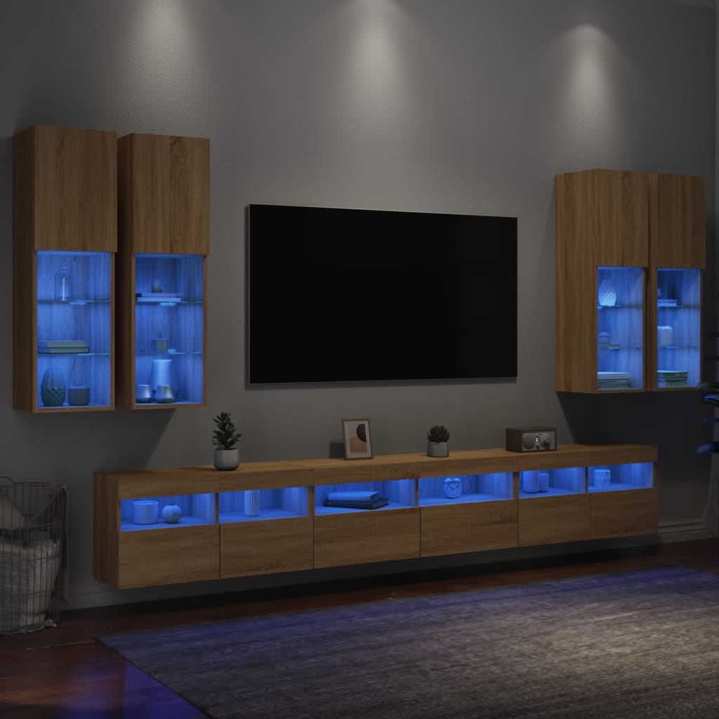 vidaXL 7-osainen TV-seinäkaappisarja LED-valoilla Sonoma-tammi