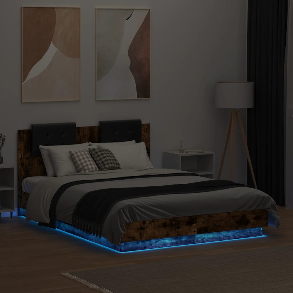 vidaXL Sängynrunko päädyllä ja LED-valoilla savutammi 135x190 cm