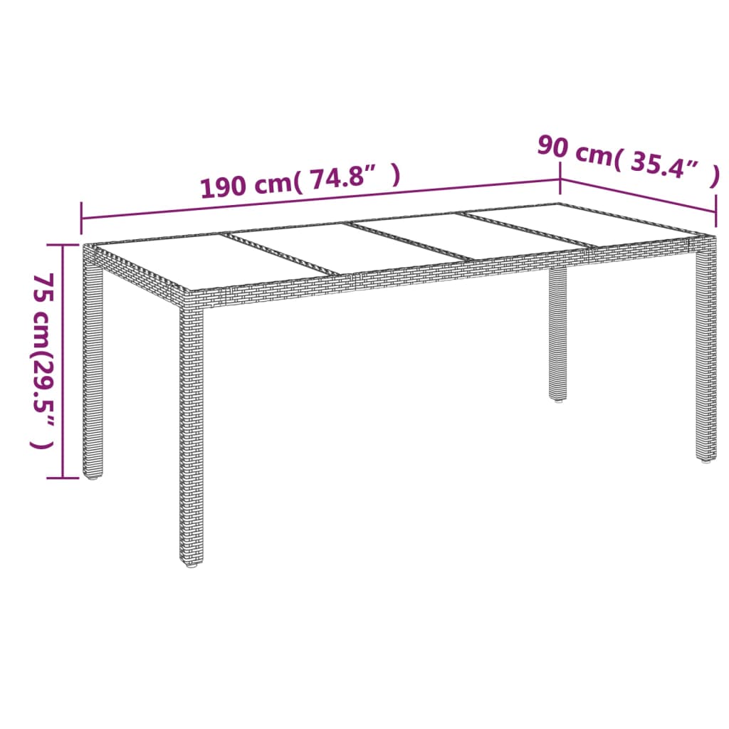 vidaXL Puutarhapöytä lasipöytälevy harmaa 190x90x75 cm polyrottinki