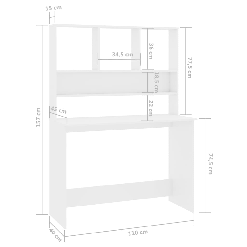 vidaXL Työpöytä hyllyillä korkeakiilto valk. 110x45x157 cm lastulevy