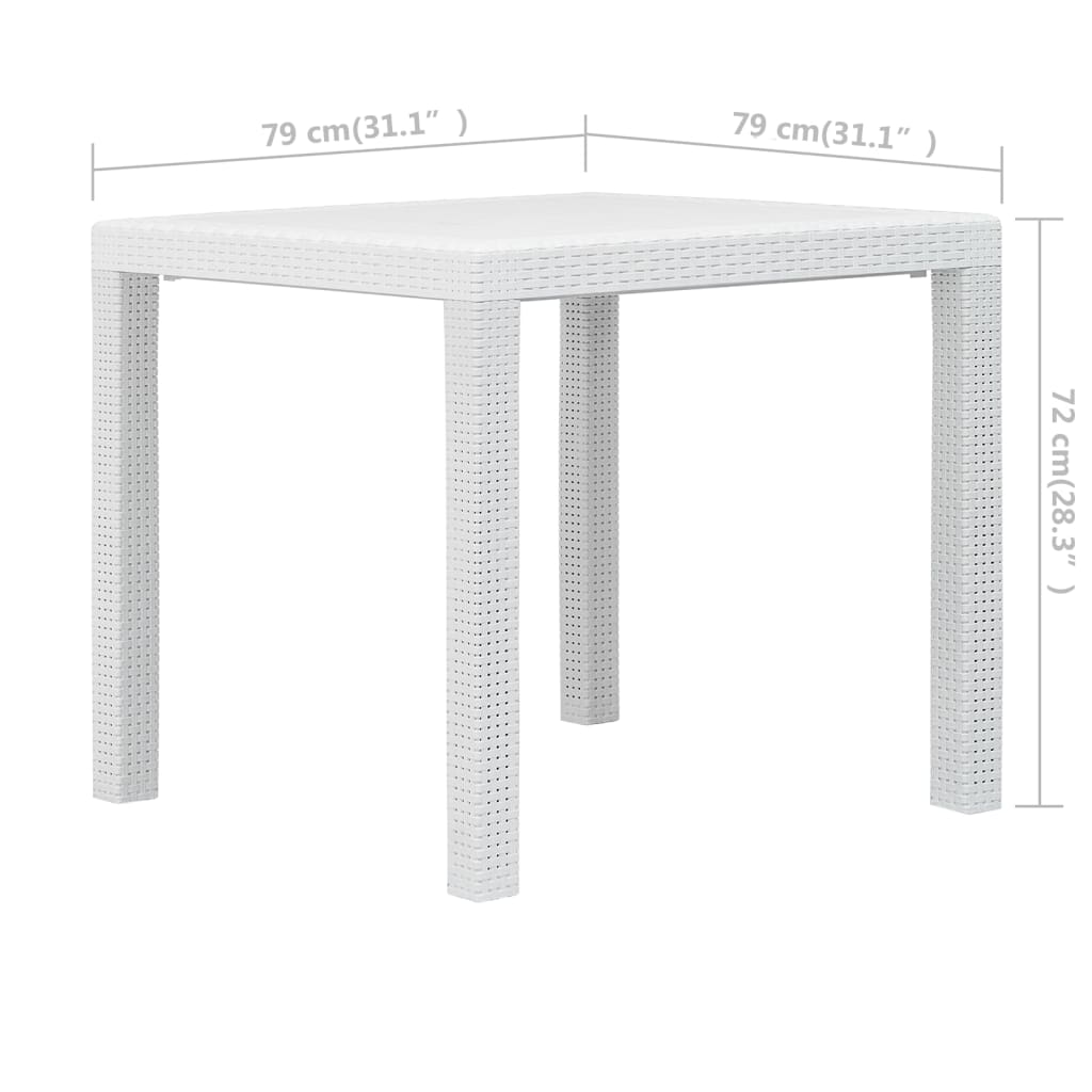 vidaXL Puutarhapöytä rottinkityylinen muovi 79x79x72 cm valkoinen