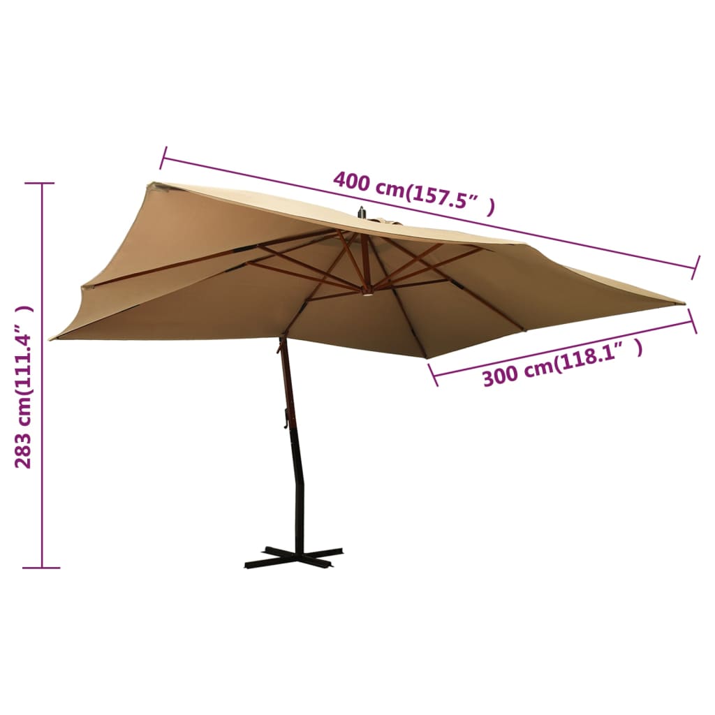 vidaXL Riippuva aurinkovarjo puupylväällä 400x300 cm taupe