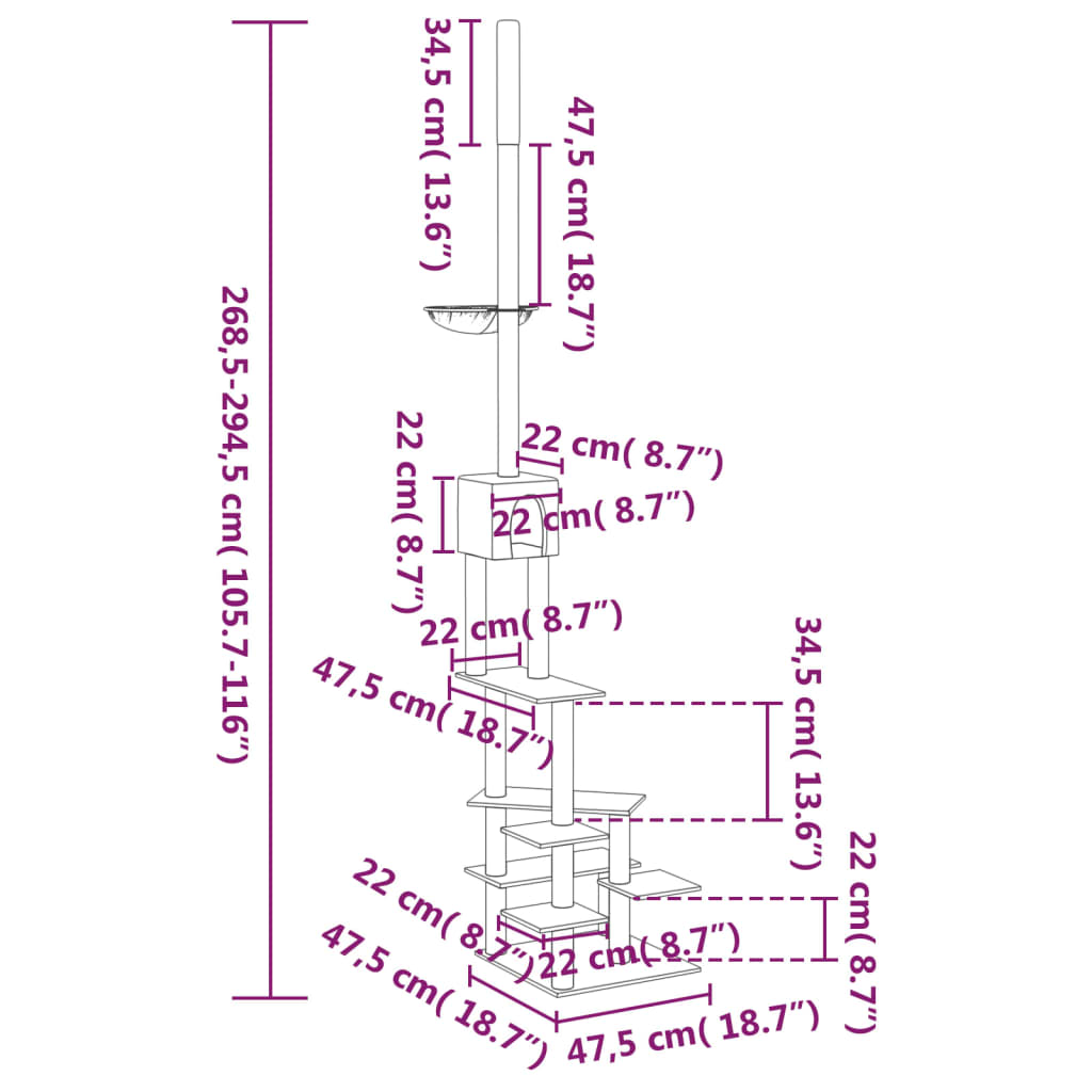 vidaXL Kattoon asti yltävä kissan kiipeilypuu kerma 268,5-294,5 cm