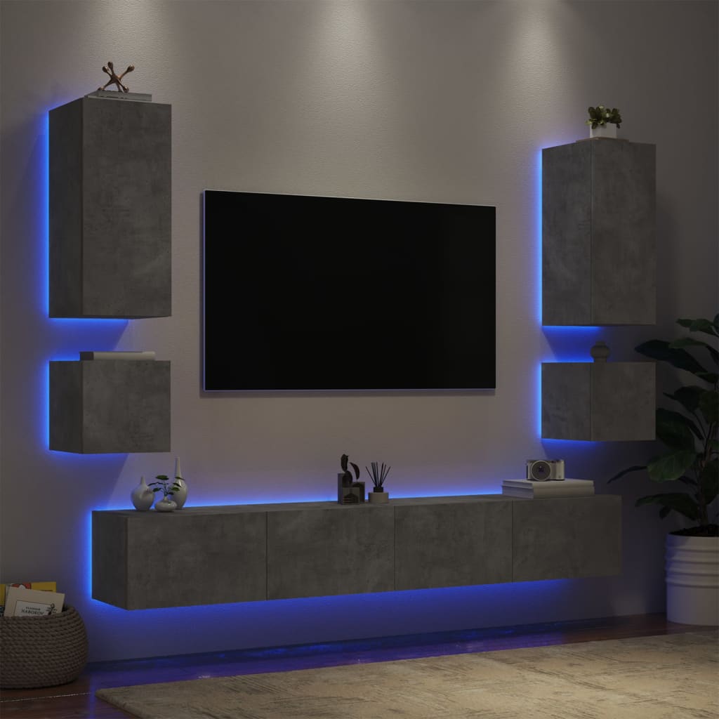 vidaXL 6-osainen TV-seinäkaappisarja LED-valoilla betoninharmaa