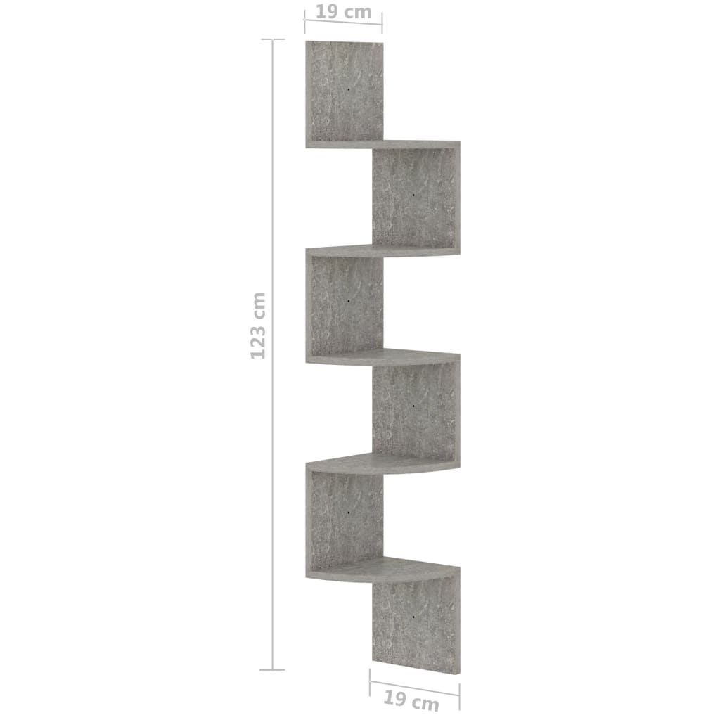 vidaXL Seinäkulmahylly betoninharmaa 19x19x123 cm tekninen puu