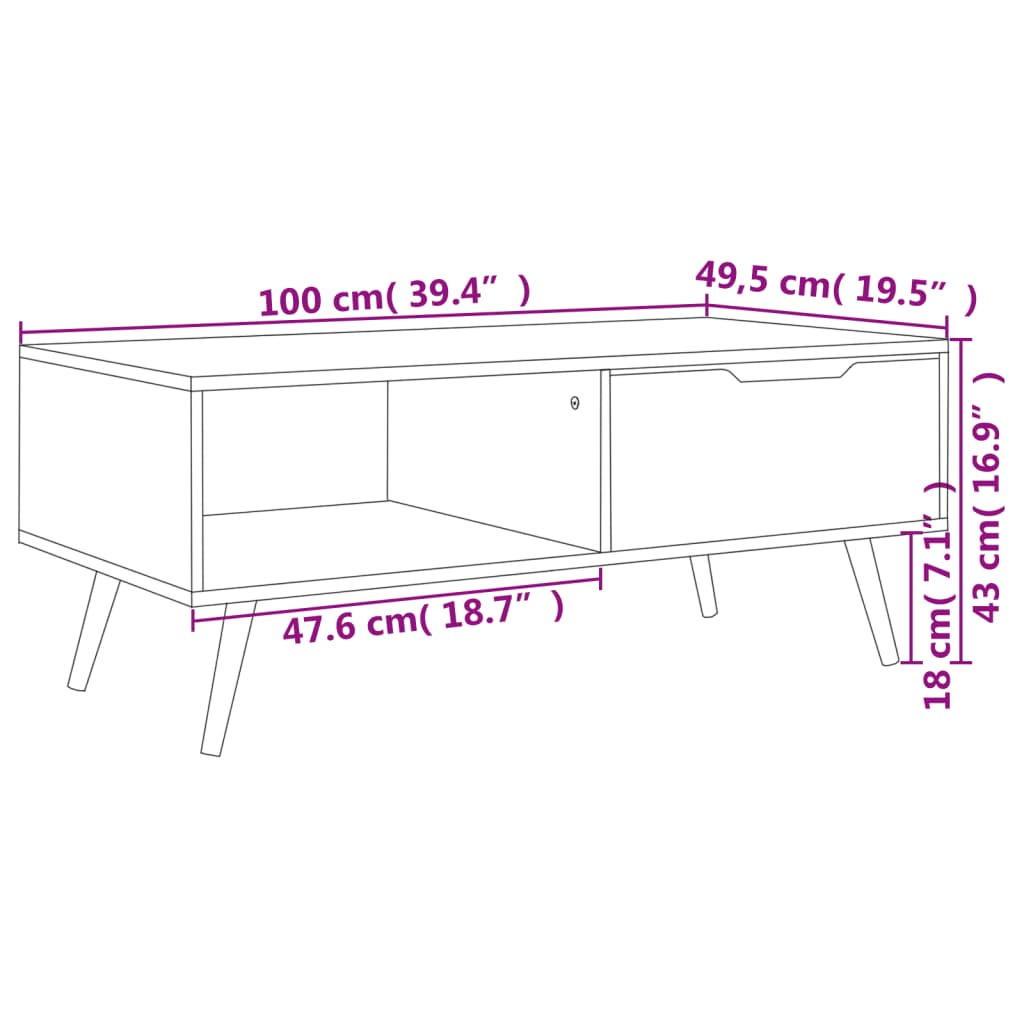 vidaXL Sohvapöytä valkoinen ja Sonoma-tammi 100x49,5x43 cm lastulevy