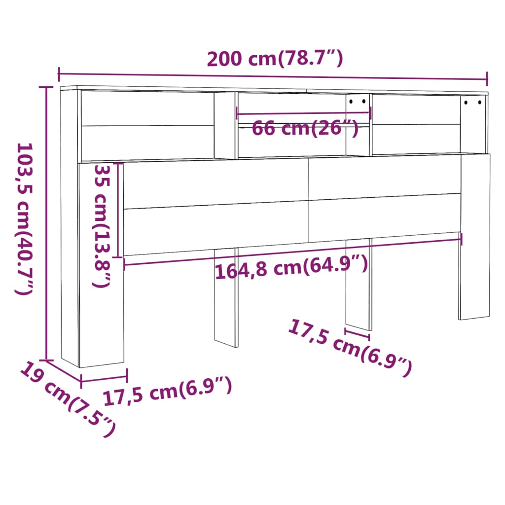 vidaXL Sängynpääty säilytystilalla betoninharmaa 200x19x103,5 cm
