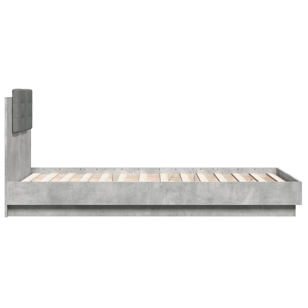 vidaXL Sängynrunko päädyllä ja LED-valoilla betoninharmaa 75x190 cm