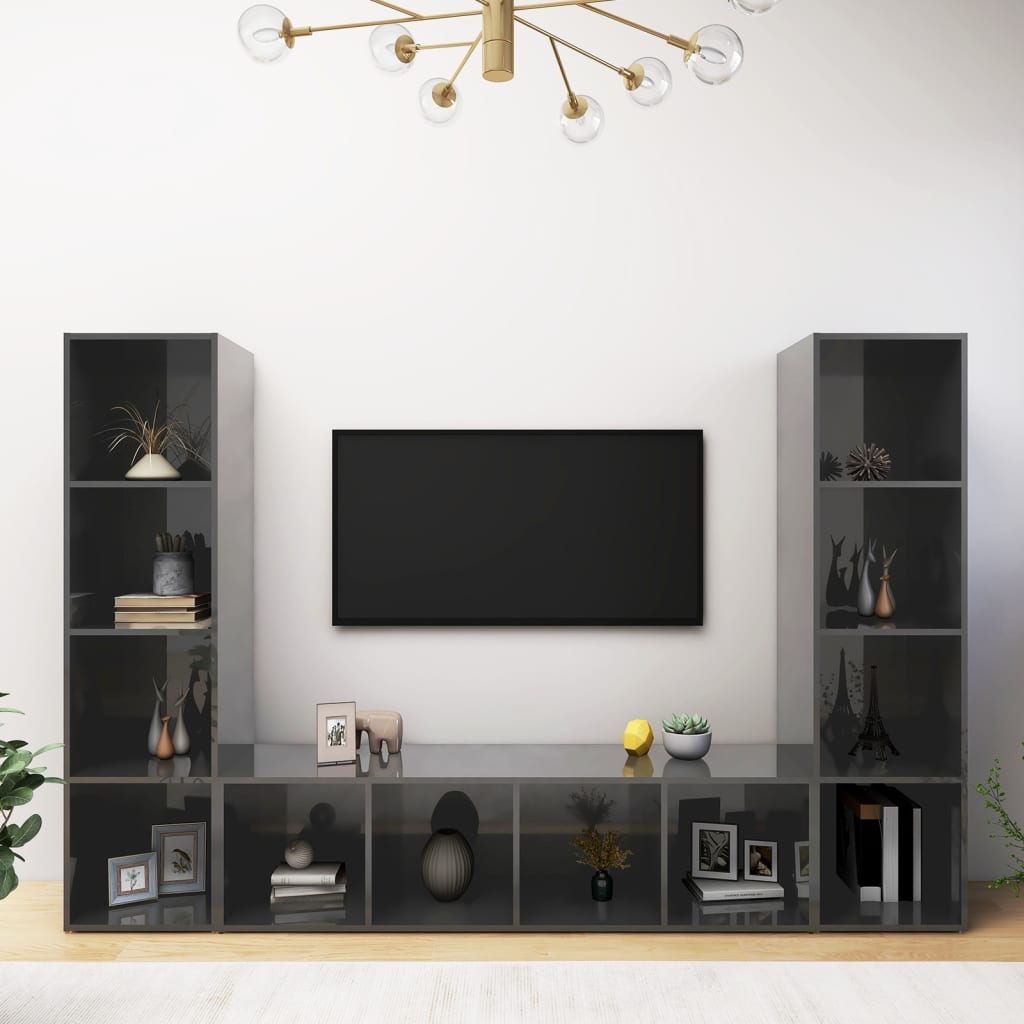 vidaXL TV-tasot 3 kpl korkeakiilto harmaa 142,5x35x36,5 cm lastulevy