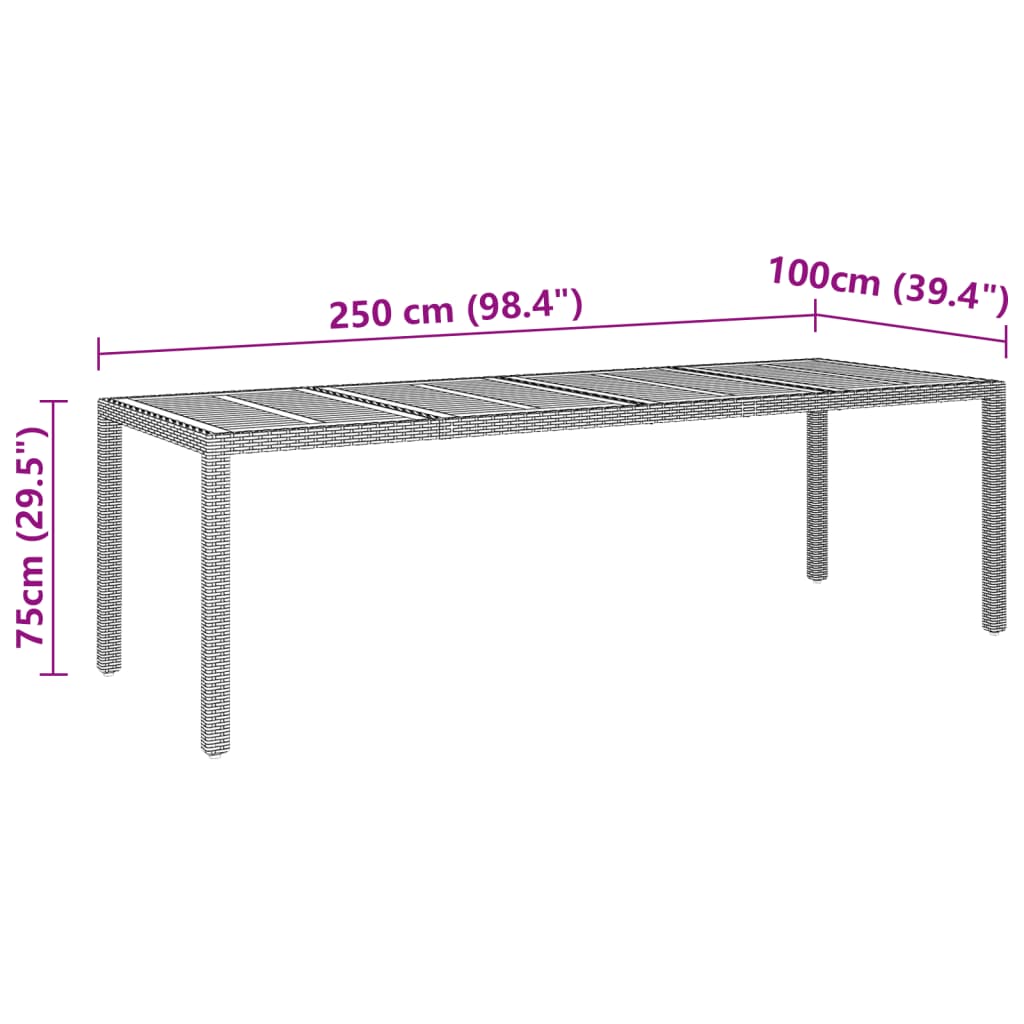vidaXL Puutarhapöytä harmaa 250x100x75 cm polyrottinki ja akasiapuu