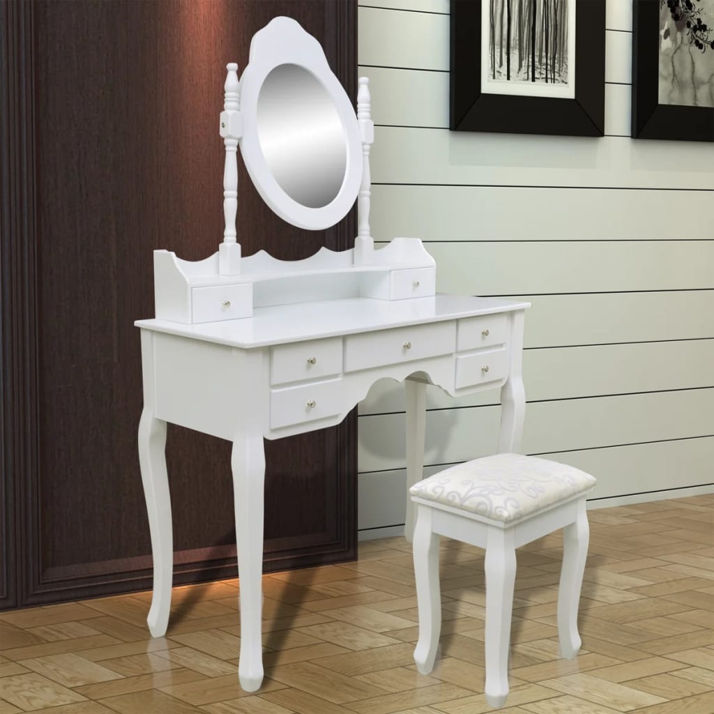 vidaXL Pukeutumispöytä peili ja jakkara 7 vetolaatikkoa valkoinen