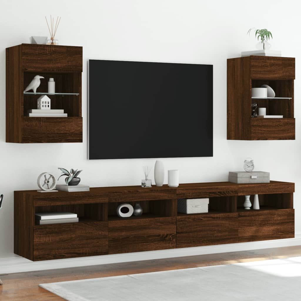 vidaXL TV-seinäkaappi LED-valoilla ruskea tammi 40x30x60,5 cm