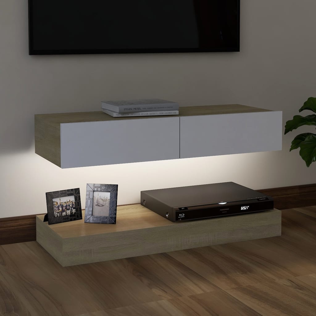 vidaXL TV-taso LED-valoilla valkoinen ja Sonoma-tammi 90x35 cm