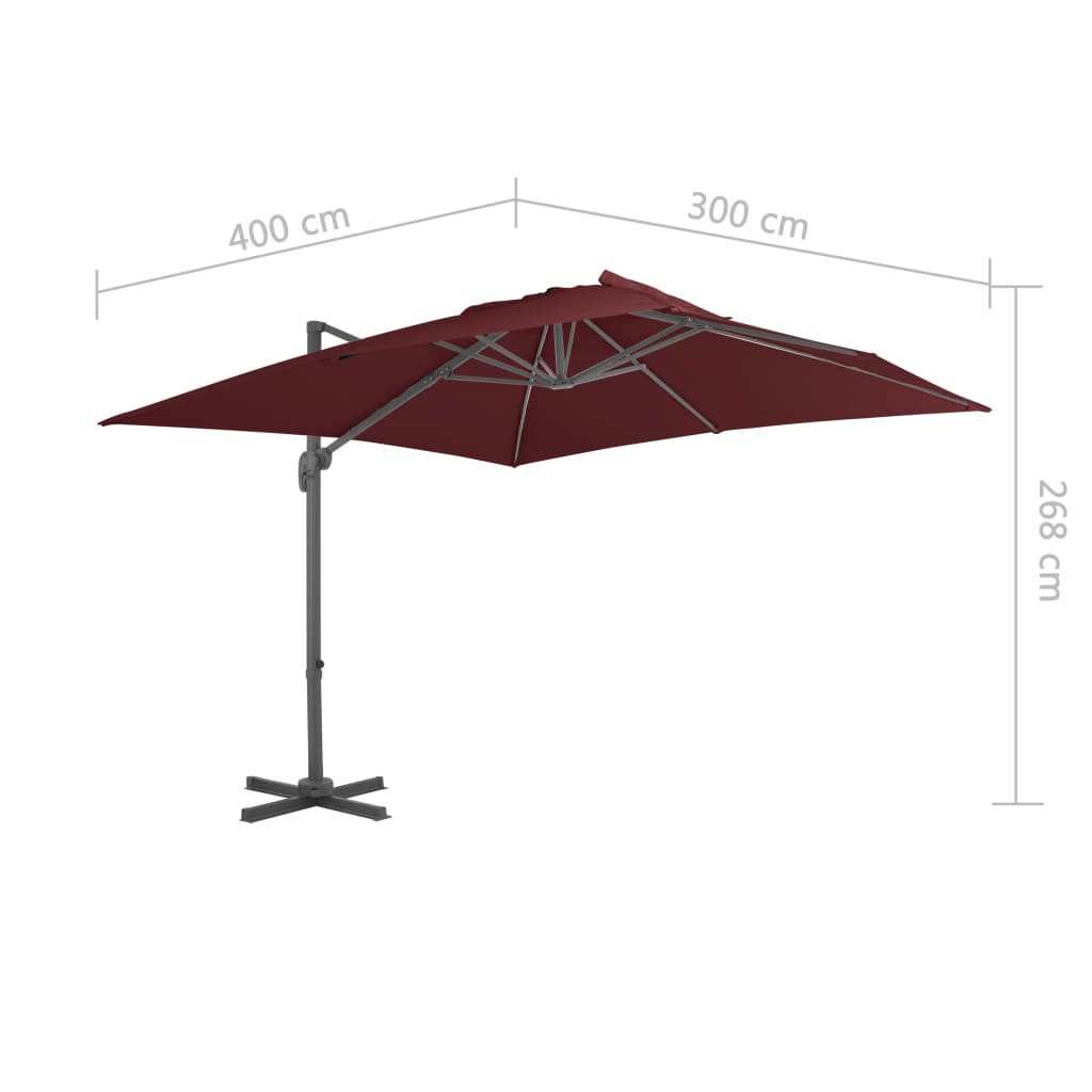 vidaXL Riippuva aurinkovarjo alumiinipylväällä viininpun. 400x300 cm