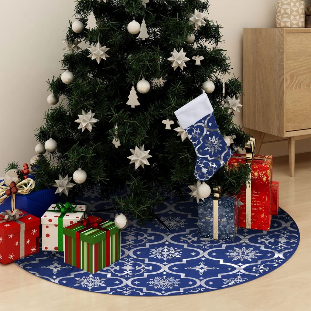 vidaXL Ylellinen joulukuusen jalustapeite sukalla sininen 90 cm kangas