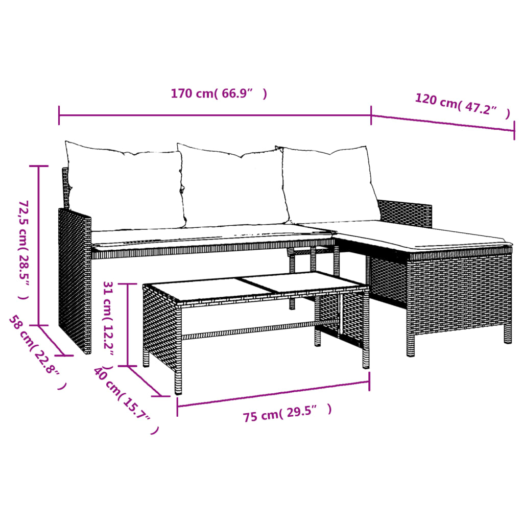 vidaXL L-muotoinen puutarhasohva pöytä ja tyynyt musta polyrottinki
