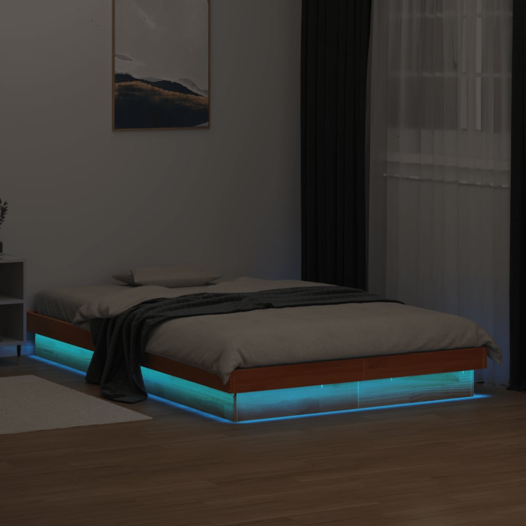 vidaXL LED-sängynrunko vahanruskea 140x200 cm täysi mänty