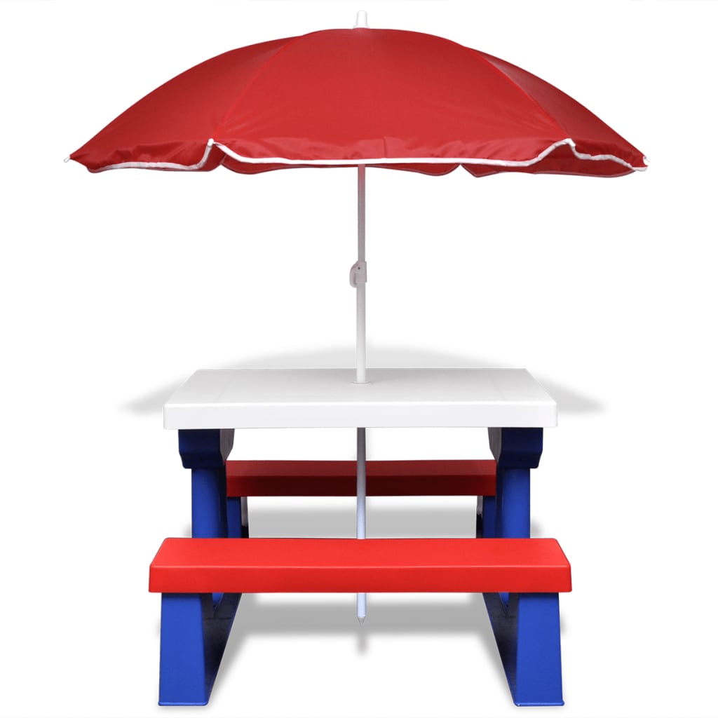 vidaXL Lasten piknikpöytä penkeillä ja aurinkovarjolla monivärinen
