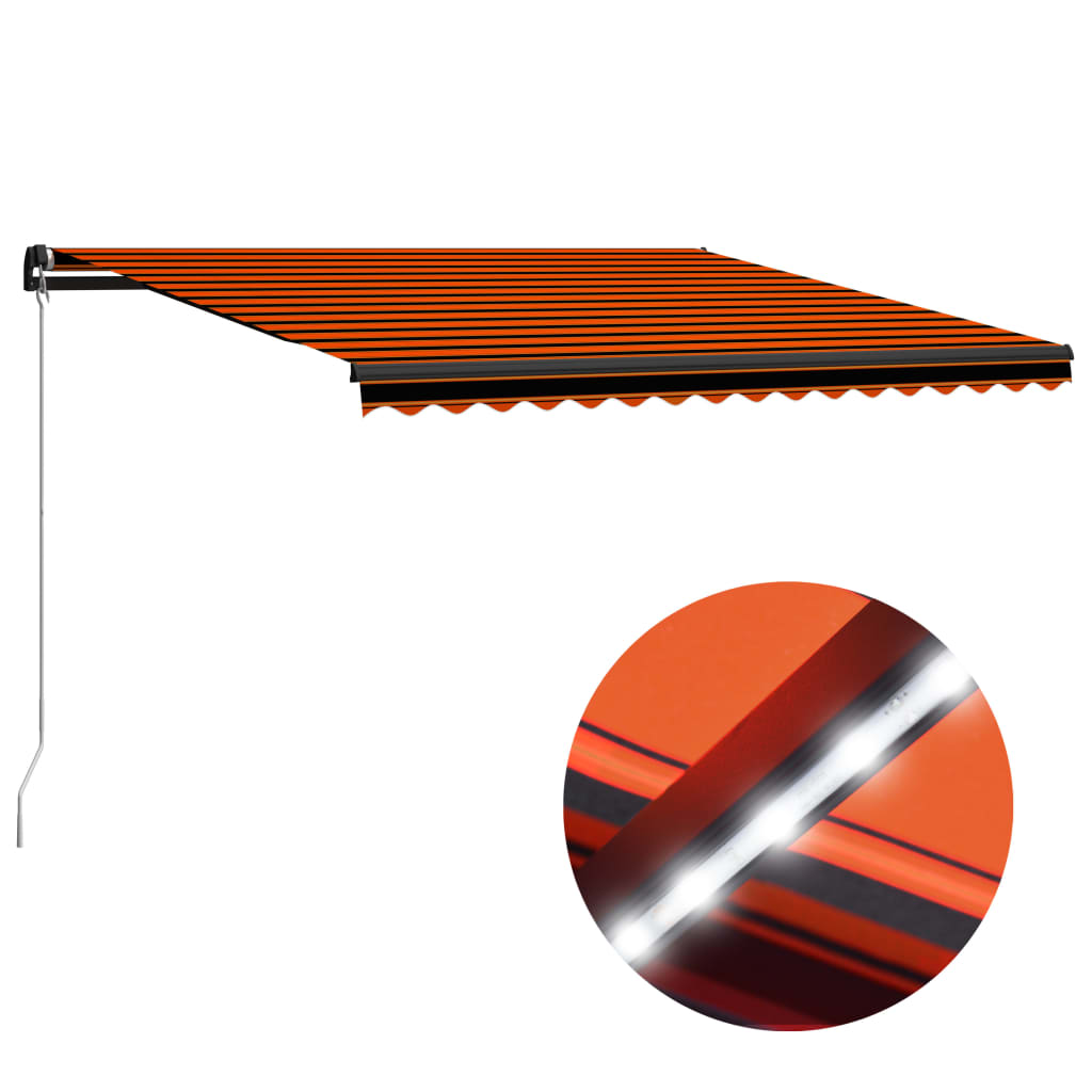 vidaXL Käsin sisäänkelattava markiisi LEDillä 450x300cm oranssi/ruskea