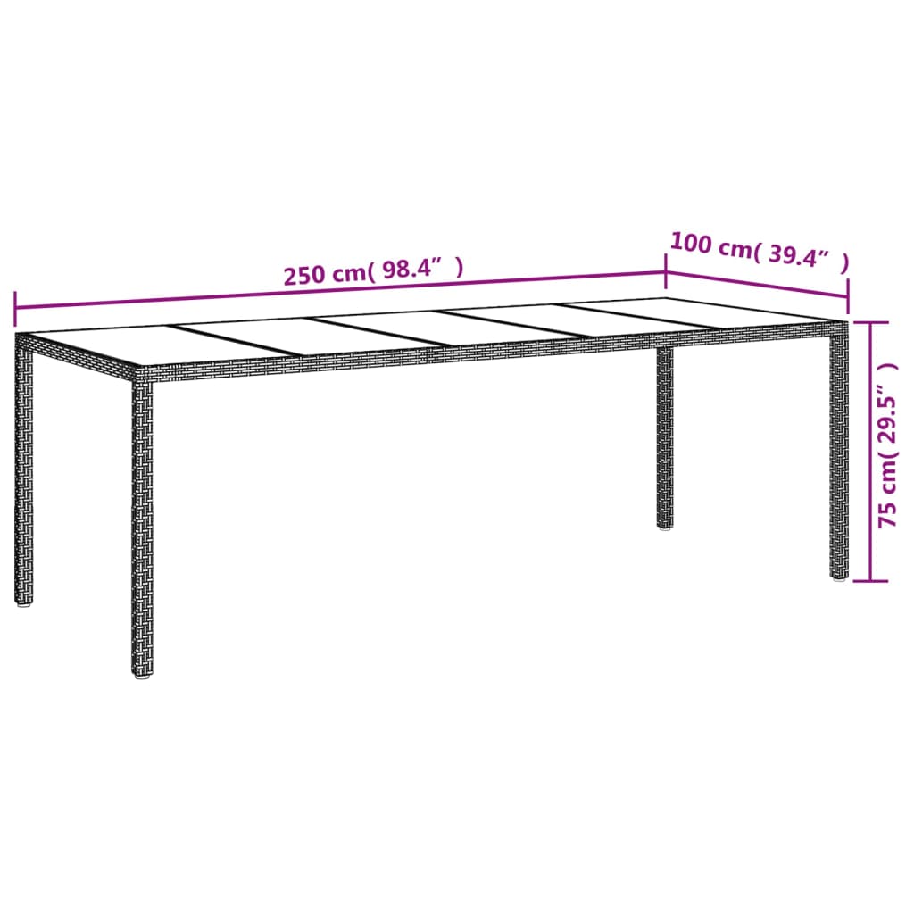 vidaXL Puutarhapöytä valkoinen 250x100x75 cm polyrottinki ja lasi