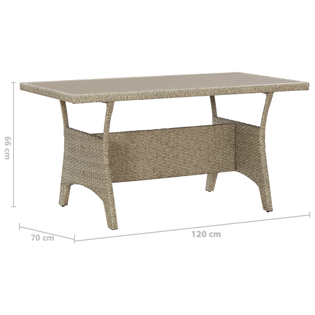 vidaXL Puutarhapöytä harmaa 120x70x66 cm polyrottinki