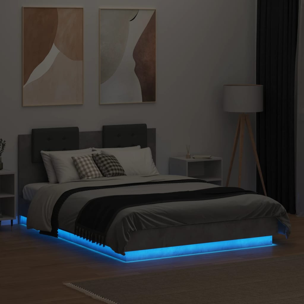 vidaXL Sängynrunko päädyllä ja LED-valoilla betoninharmaa 120x190 cm