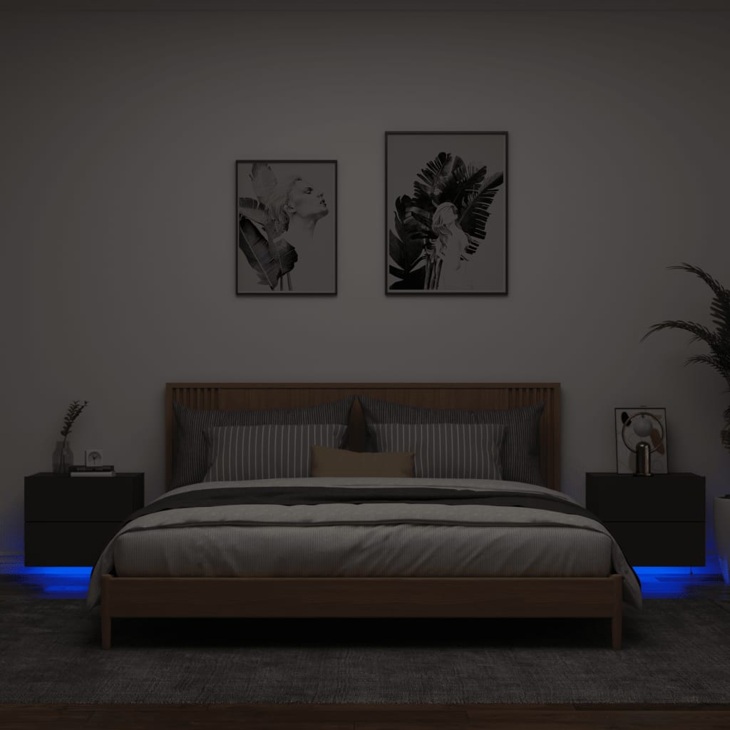 vidaXL Seinäkiinnitettävät yöpöydät LED-valoilla 2 kpl musta