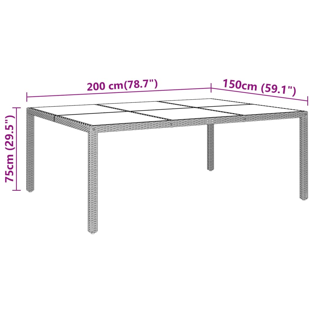 vidaXL Puutarhapöytä 200x150x75cm karkaistu lasi ja polyrottinki musta