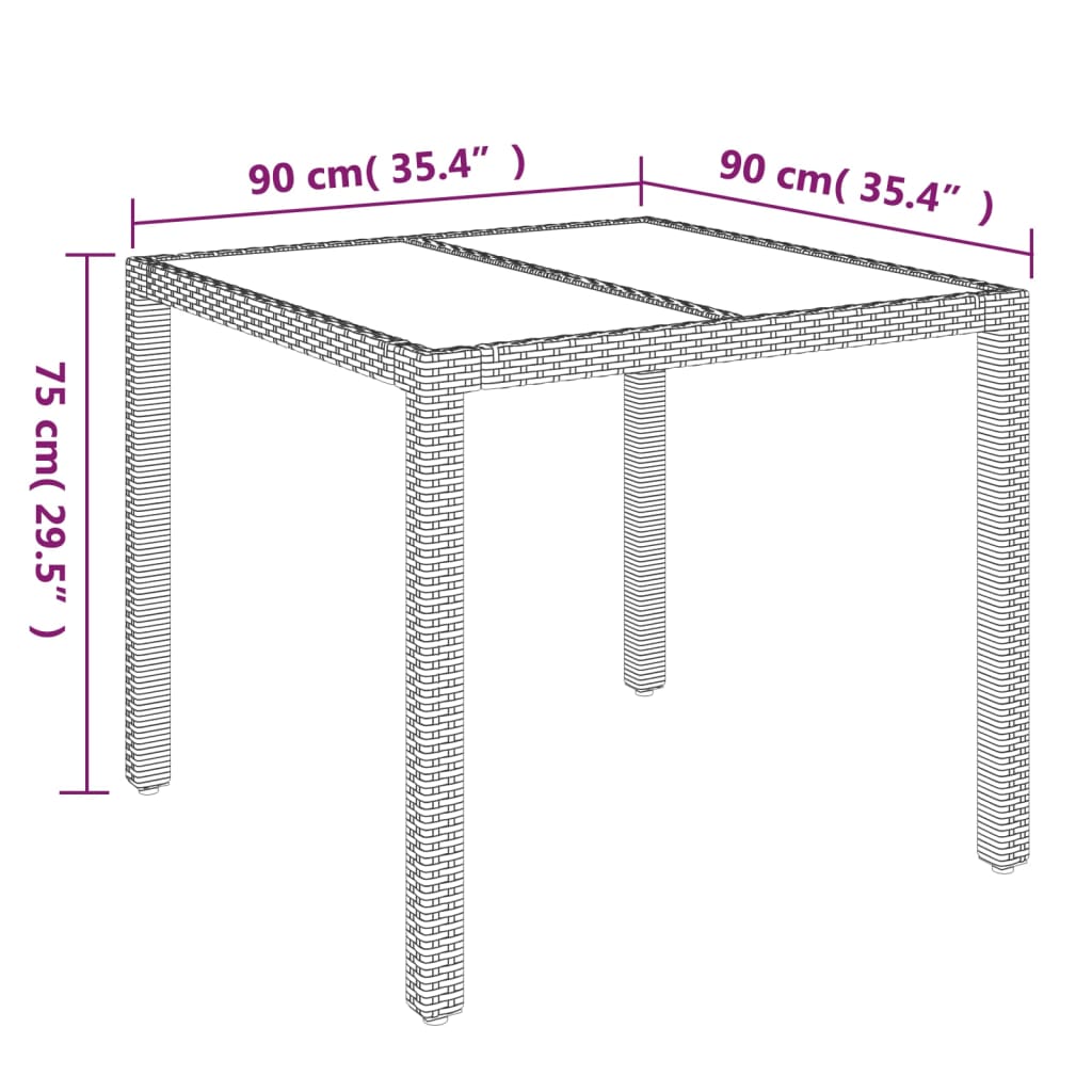 vidaXL Puutarhapöytä lasilevyllä harmaa 90x90x75 cm polyrottinki