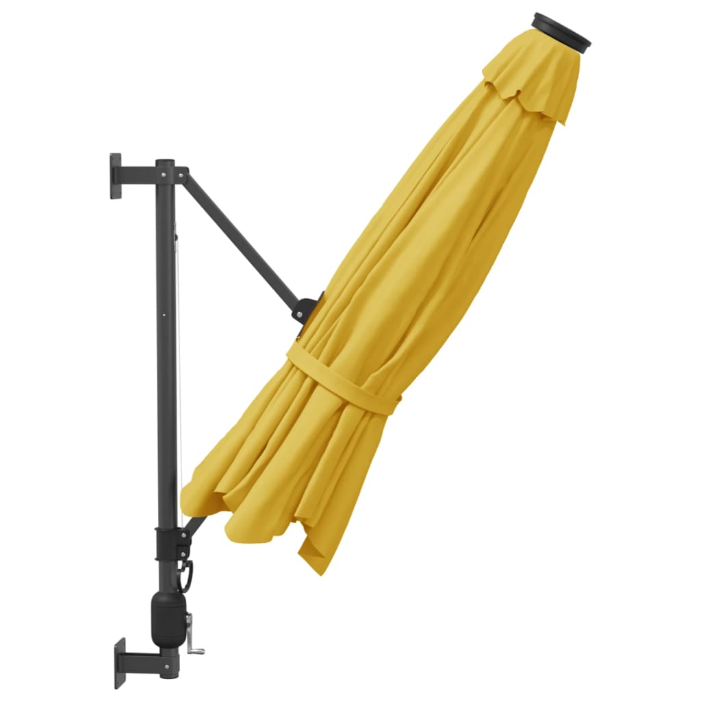 vidaXL Seinäkiinnitteinen aurinkovarjo LED-valoilla keltainen 290 cm