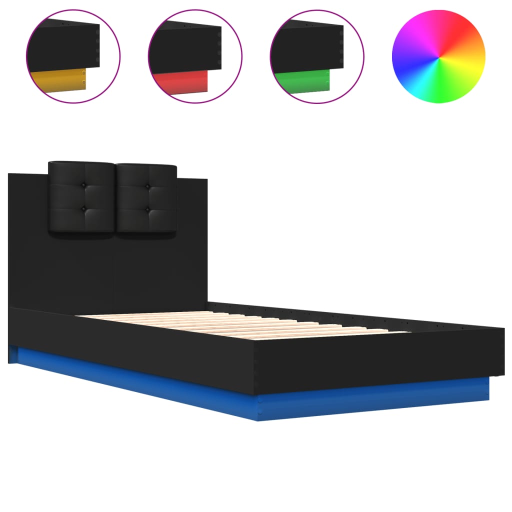 vidaXL Sängynrunko päädyllä ja LED-valoilla musta 90x190 cm