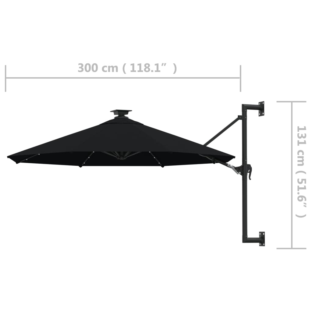 vidaXL Seinäkiinnitteinen aurinkovarjo LED ja tolppa 300 cm musta