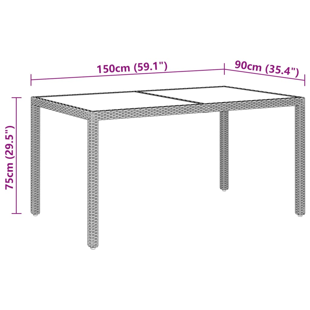 vidaXL Puutarhapöytä 150x90x75cm karkaistu lasi ja polyrottinki ruskea