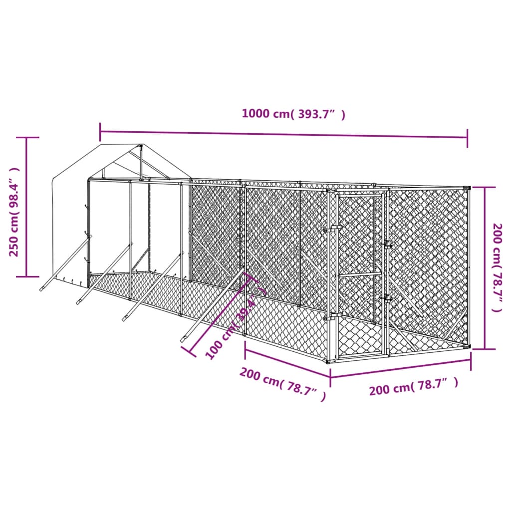 vidaXL Koiran ulkohäkki katolla hopea 2x10x2,5 m galvanoitu teräs