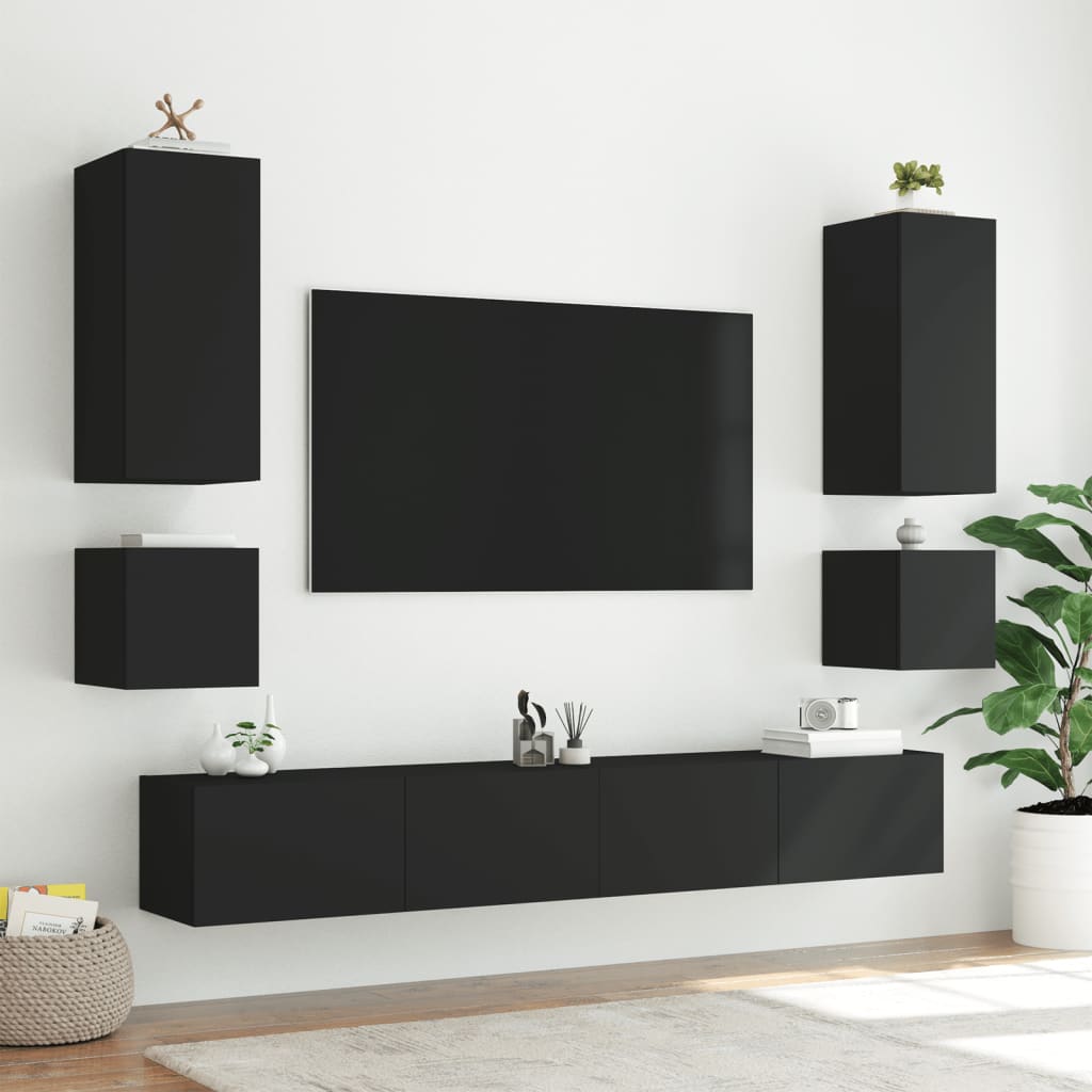 vidaXL 6-osainen TV-seinäkaappisarja LED-valoilla musta