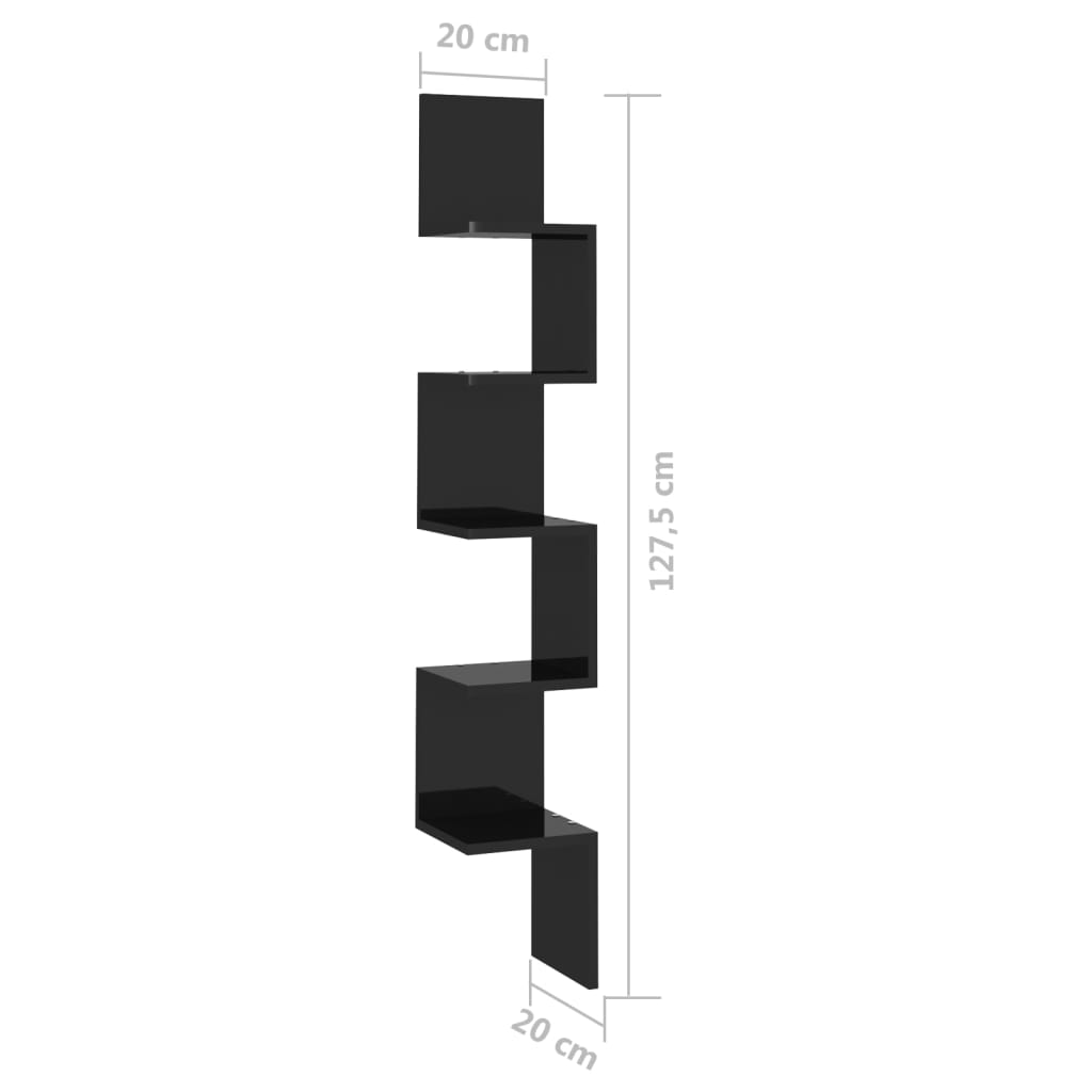 vidaXL Seinäkulmahylly korkeakiilto musta 20x20x127,5 cm lastulevy