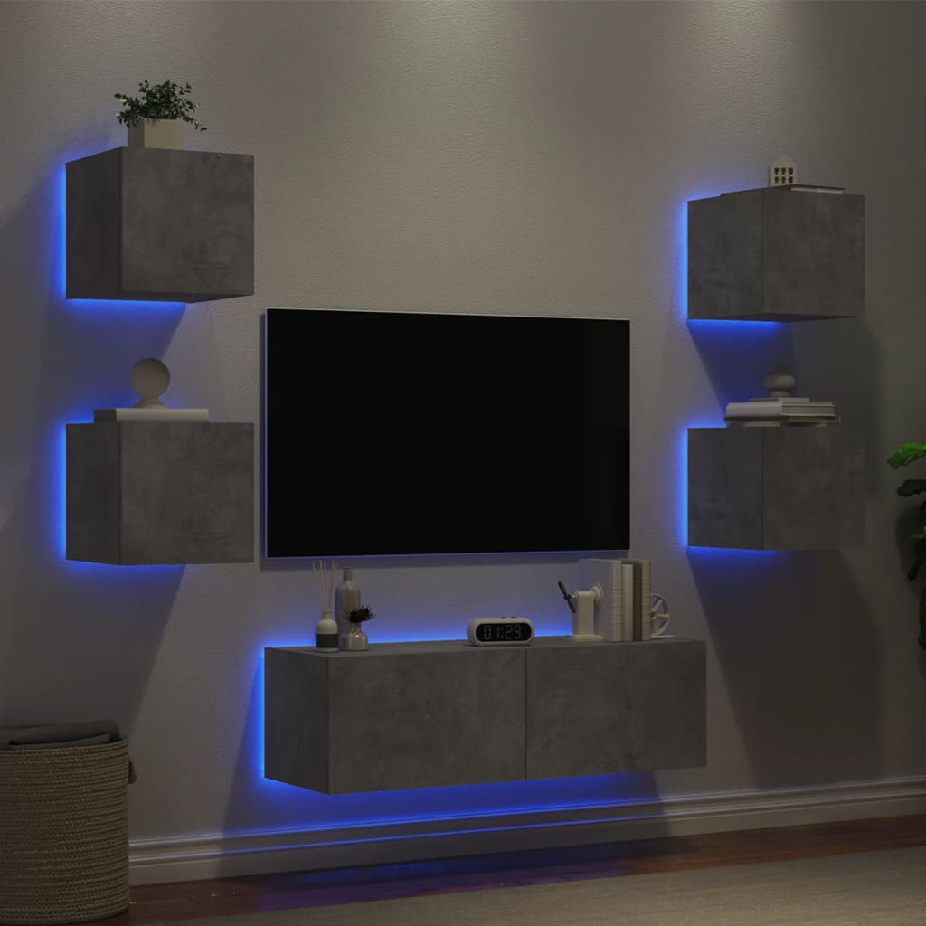vidaXL 5-osainen TV-seinäkaappisarja LED-valoilla betoninharmaa