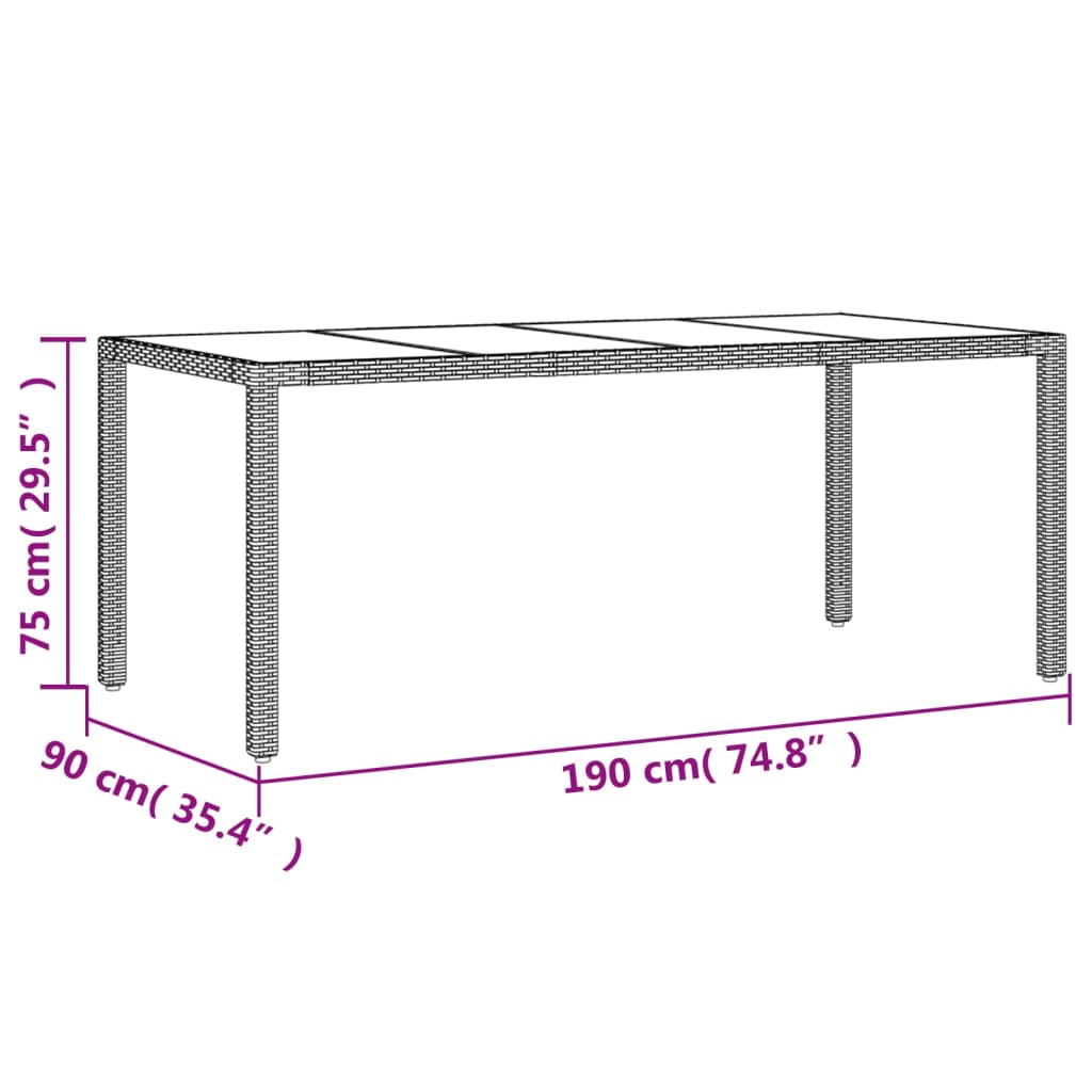 vidaXL Puutarhapöytä lasipöytälevy beige 190x90x75 cm polyrottinki